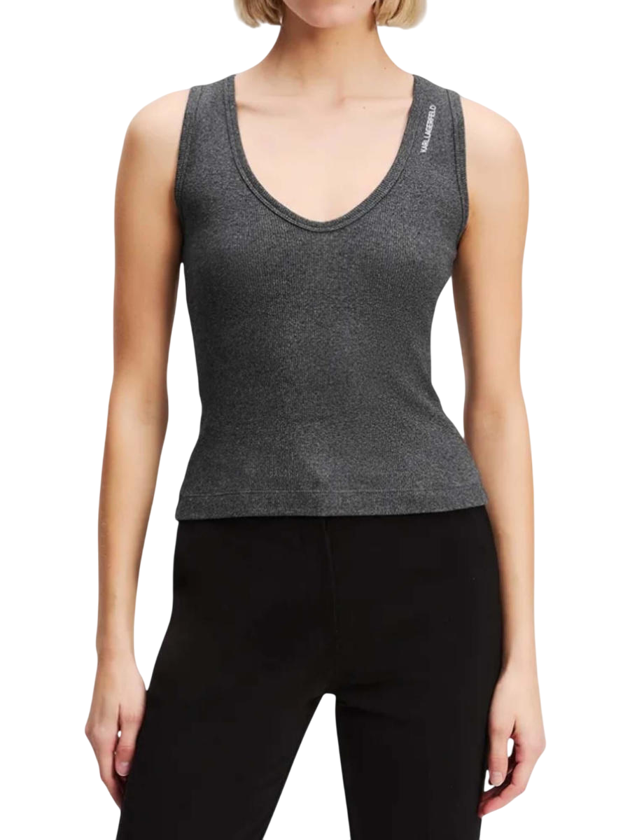 Women's Grey Ribbed V-Neck Tank Top Karl Lagerfeld A3W17117-255 GREY MELANGE