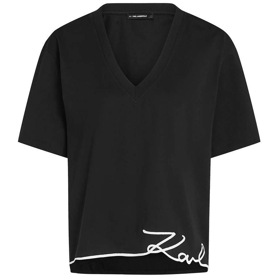 Women's Black Signature Hem V-neck T-shirt Karl Lagerfeld B1W17031-999 BLACK