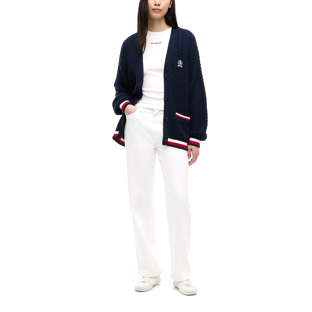 Women's Navy Blue TJW RWB Tipping Ovs Cardigan Tommy Jeans DW0DW22934-C1G