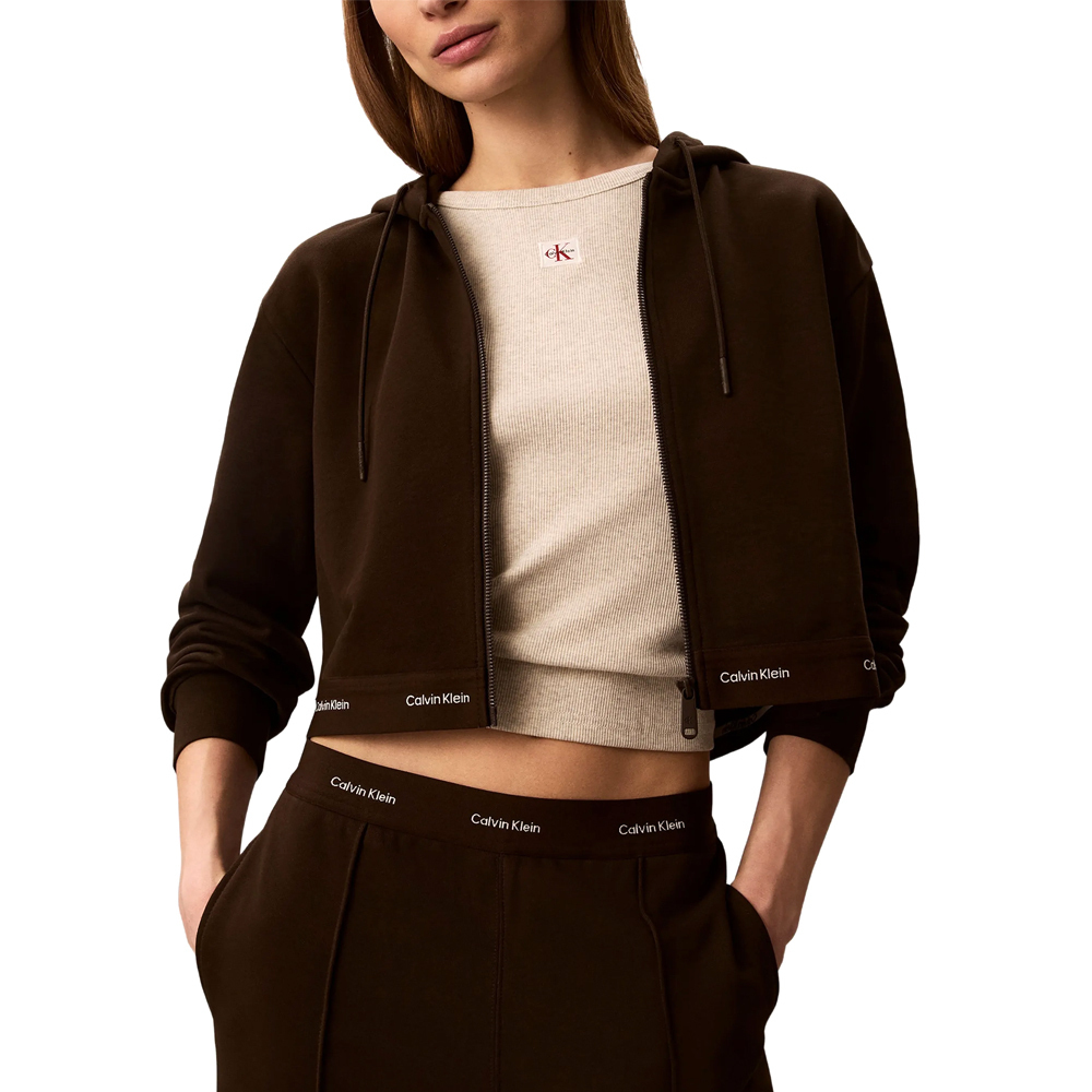 Women's Brown Ls Terry Logo Waist Cropped Fz Hoodie Calvin Klein LV047G252G-TO2
