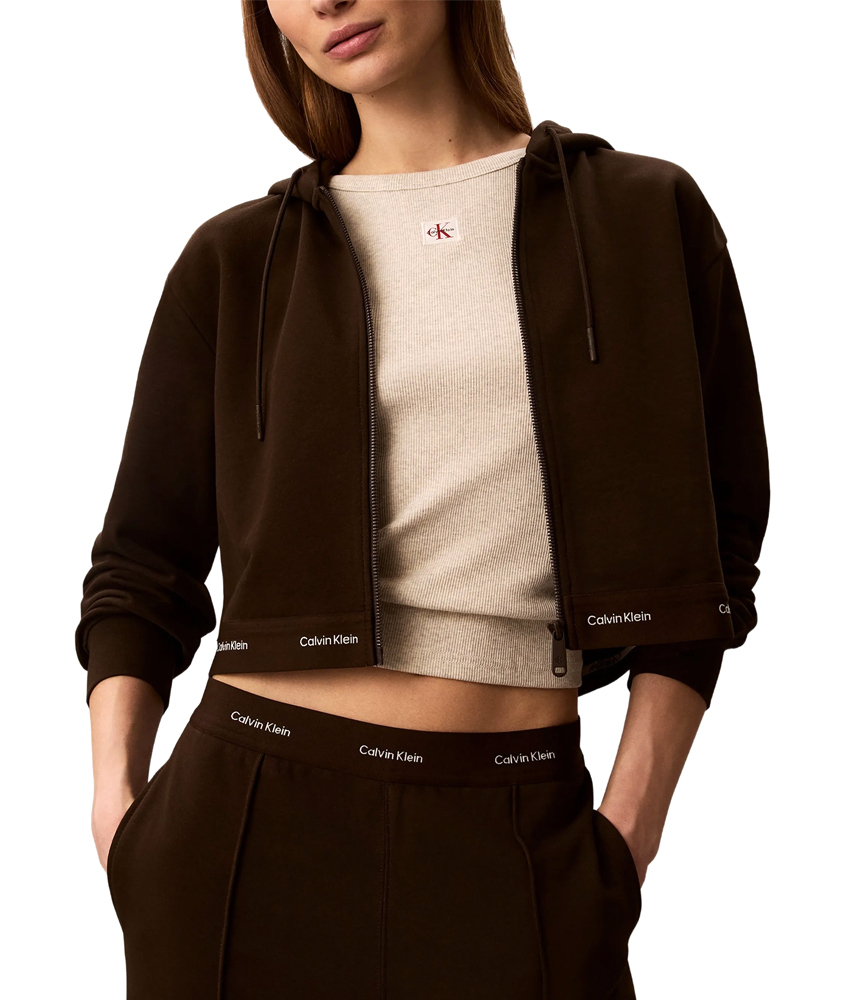 Women's Brown Ls Terry Logo Waist Cropped Fz Hoodie Calvin Klein LV047G252G-TO2