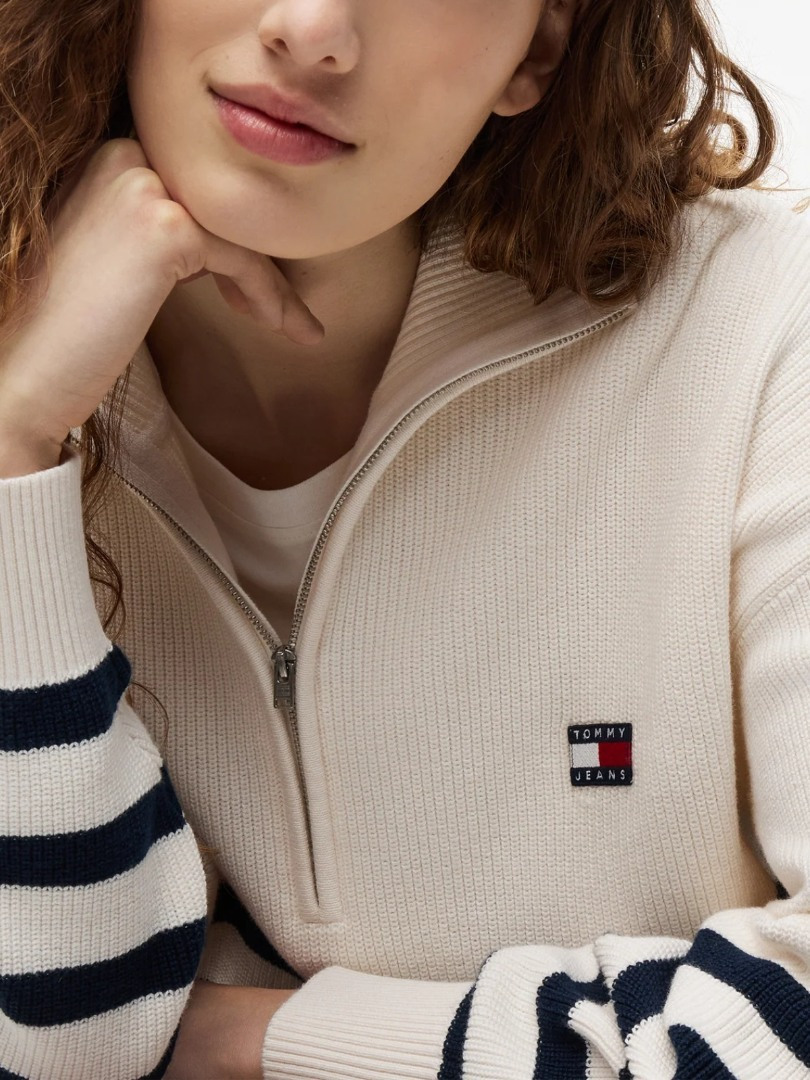 Women's White TJW Stripe Quarter Zip Sweater Tommy Jeans DW0DW22928-YBH