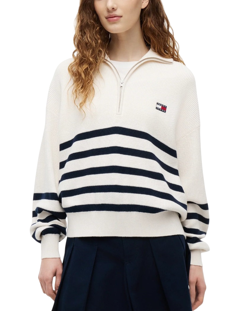 Women's White TJW Stripe Quarter Zip Sweater Tommy Jeans DW0DW22928-YBH