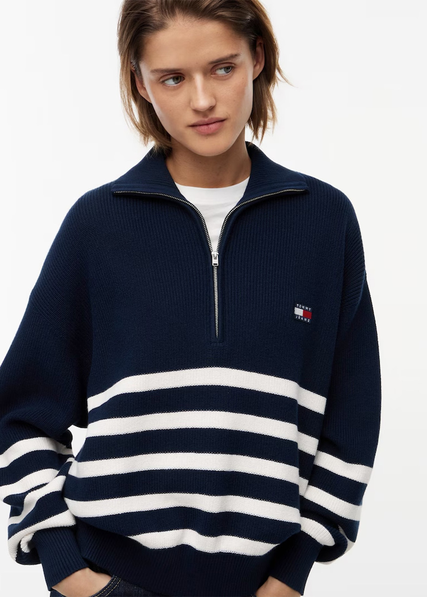 Women's Navy Blue TJW Stripe Quarter Zip Sweater Tommy Jeans DW0DW22928-0A9