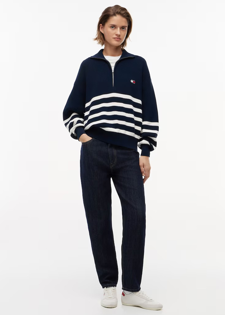 Women's Navy Blue TJW Stripe Quarter Zip Sweater Tommy Jeans DW0DW22928-0A9