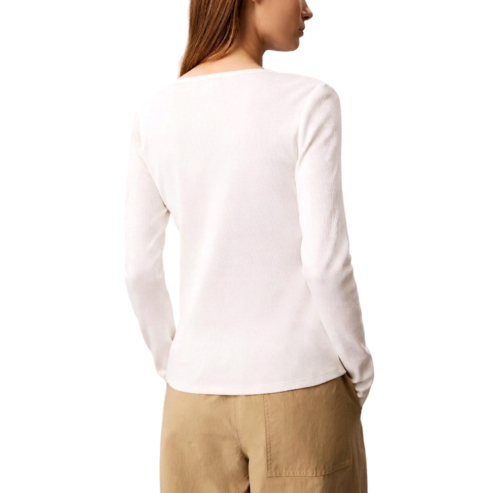 Women's White LS WOVEN LABEL 2X2 RIB SCOOP NECK TEE Calvin Klein LV047D218G-YAF