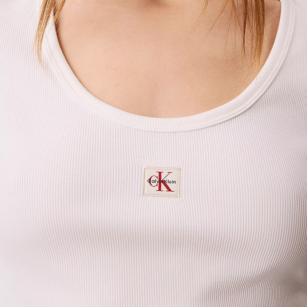 Women's White LS WOVEN LABEL 2X2 RIB SCOOP NECK TEE Calvin Klein LV047D218G-YAF
