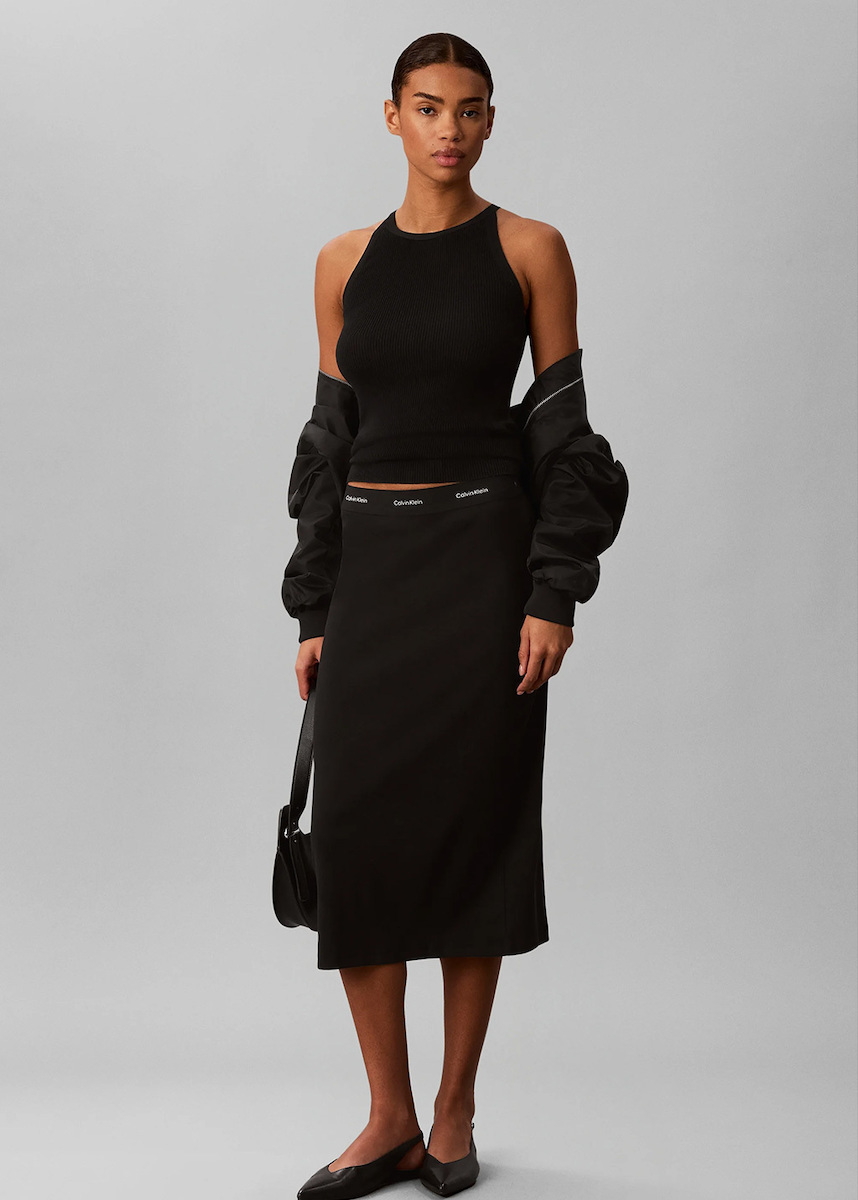 Women's Black 2X2 BABY RIB LOGO MIDI SKIRT Calvin Klein LV047H241G-UB1