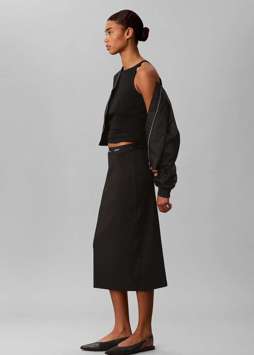 Women's Black 2X2 BABY RIB LOGO MIDI SKIRT Calvin Klein LV047H241G-UB1