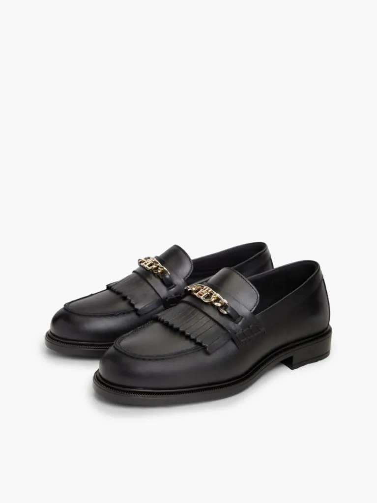 Women's Black TH Chain Fringe Leather Loafer Tommy Hilfiger FW0FW09668-BDS
