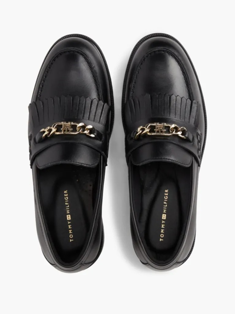 Women's Black TH Chain Fringe Leather Loafer Tommy Hilfiger FW0FW09668-BDS