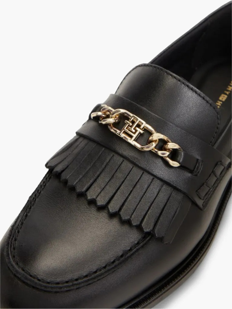 Women's Black TH Chain Fringe Leather Loafer Tommy Hilfiger FW0FW09668-BDS
