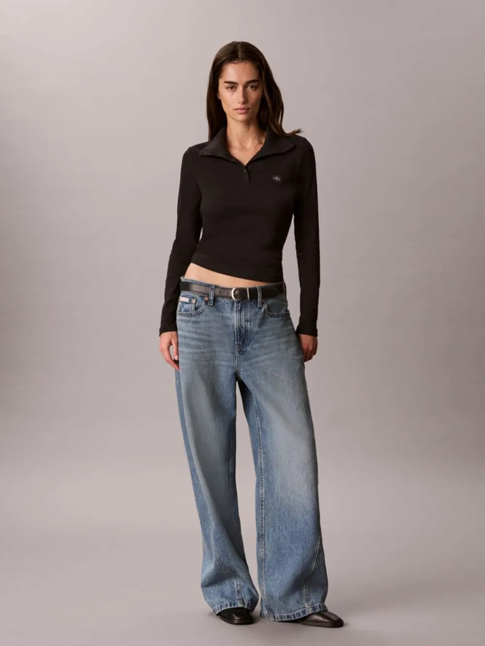 Women's Black LS WVN LABEL TNECK HENLEY SWEATSHIRT Calvin Klein LV047H203G-UB1