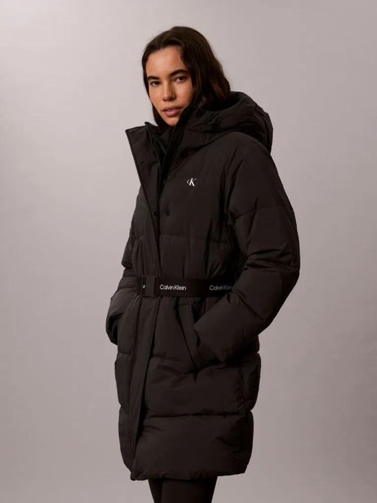 Women's Black Belted Midweight Long Puffer Jacket Calvin Klein LV047D508G-UB1