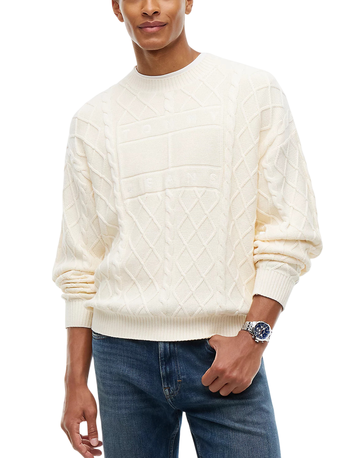 Men's Cream TJM RLX FLAG CABLE SWEATER Tommy Jeans DM0DM23614-AEF