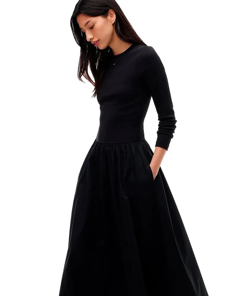 Women's Black TJW RIB POPLIN MIDI LS DRESS EXT Tommy Jeans DW0DW23326-BDS