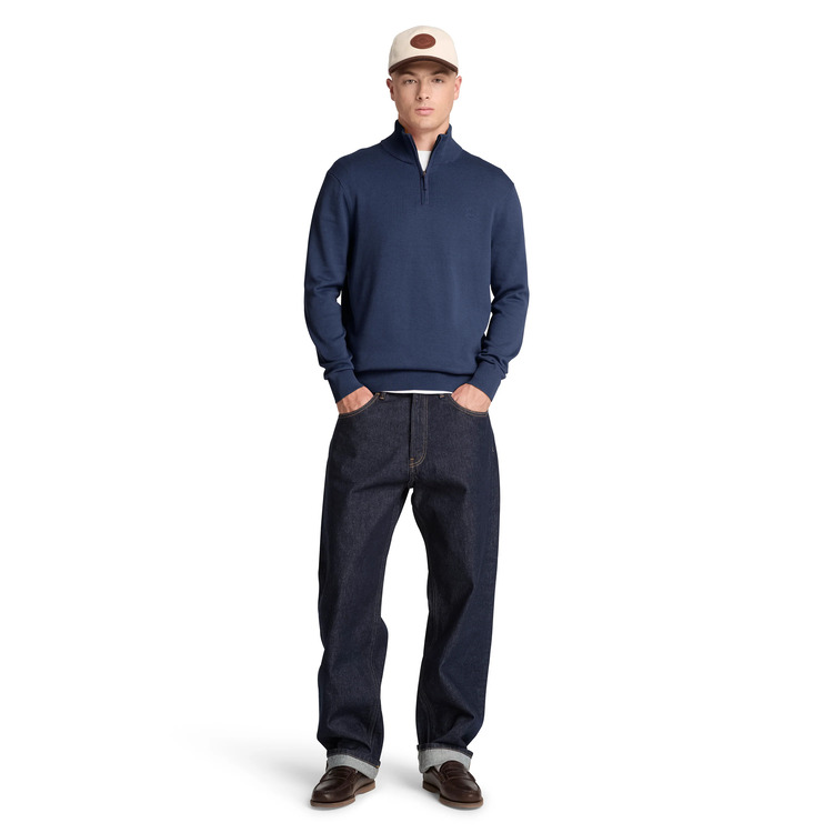 Men's Navy Blue Cotton 1/4 Zip Sweater Timberland TBC0YHAY-433