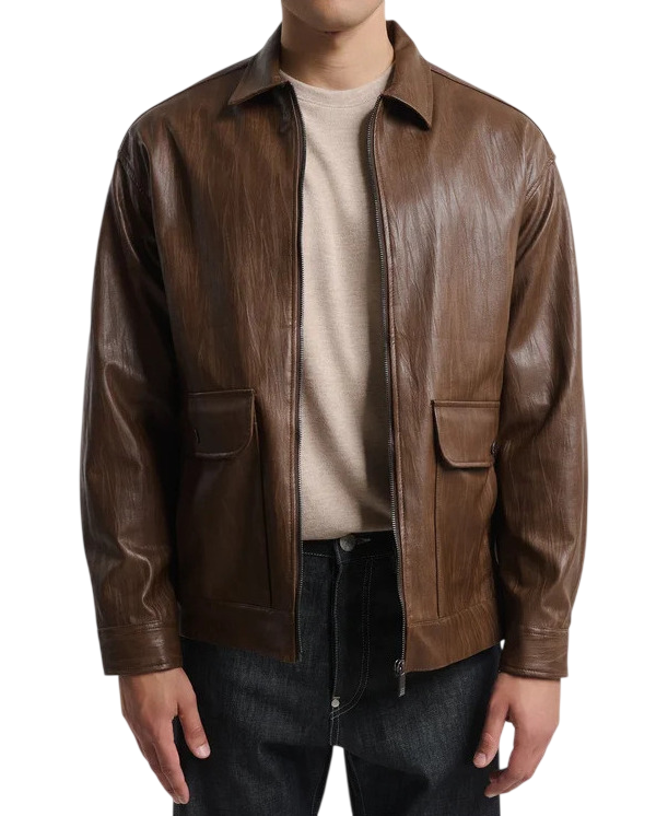 Men's Brown Faux Leather Jacket Royal Denim Kitami5168-Brown