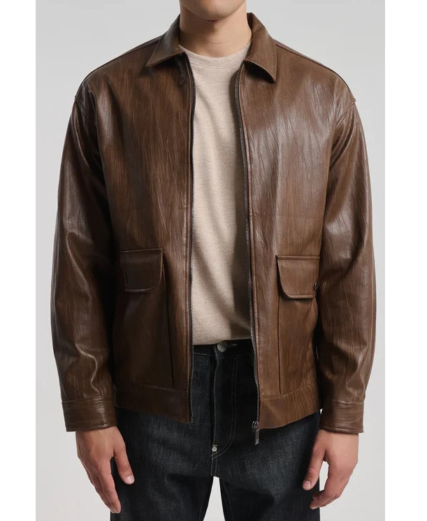 Men's Brown Faux Leather Jacket Royal Denim Kitami5168-Brown