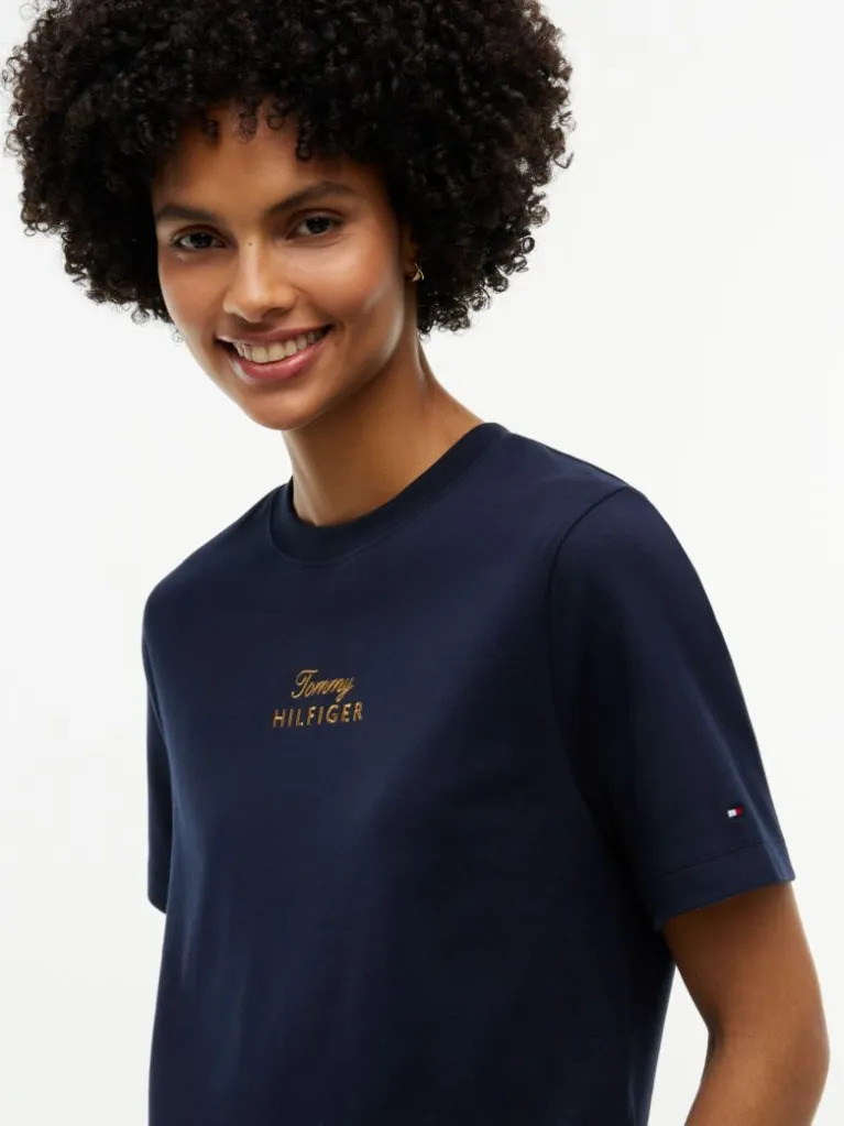 Women's Navy Blue Gold Script Mdrn C-Nk S/s Tee Tommy Hilfiger WW0WW51725-DW6