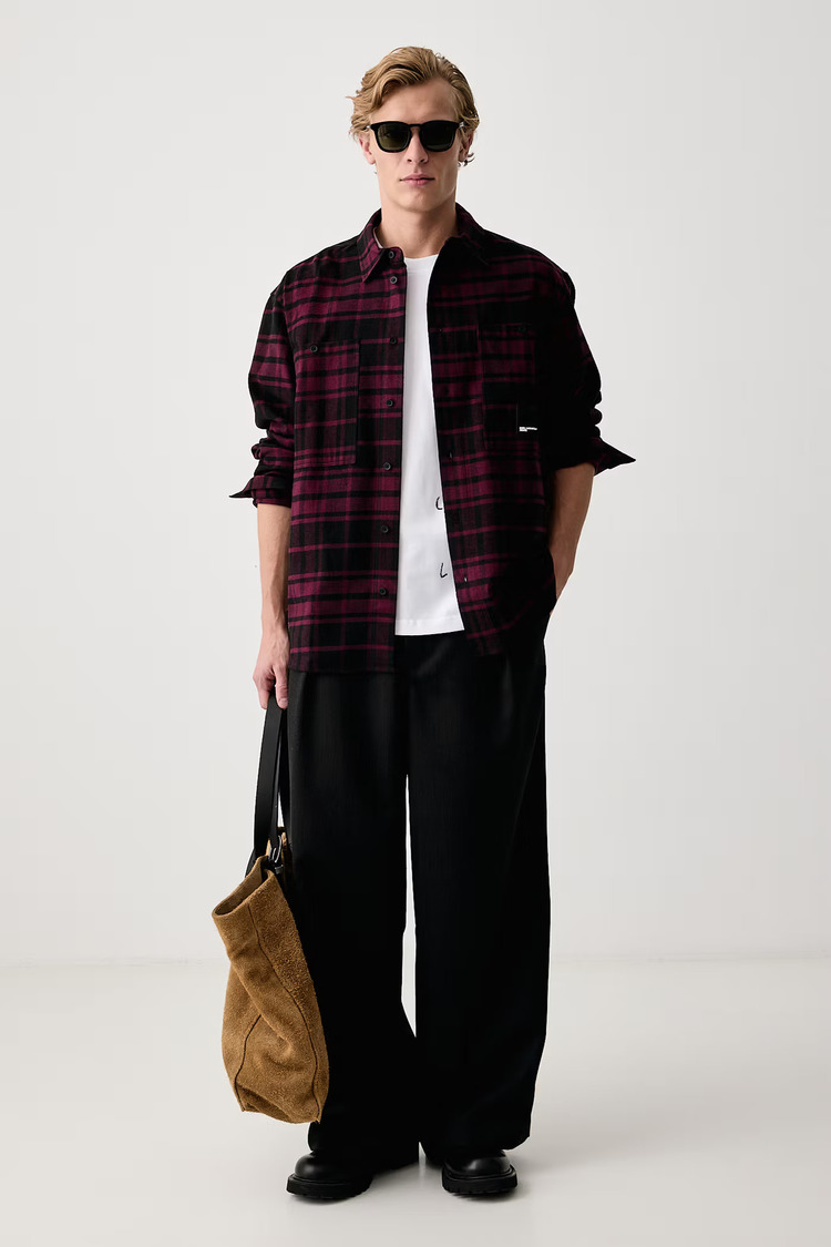 Men's Burgundy KLJ CHECK FLANNEL OVERSHIRT Karl Lagerfeld Jeans B4M16023-C50 Wine