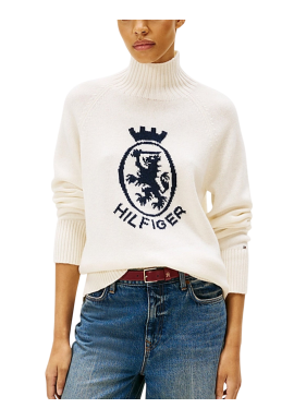 Women's Ivory Petal Wool Blend Graphic Mock-nk Swt Tommy Hilfiger WW0WW46434-Z00