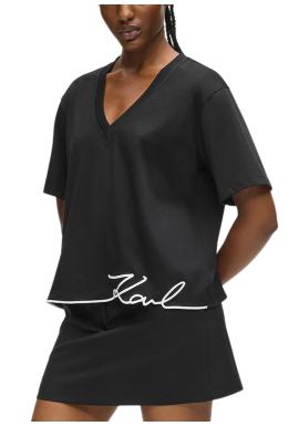 Women's Black Signature Hem V-neck T-shirt Karl Lagerfeld B1W17031-999 BLACK