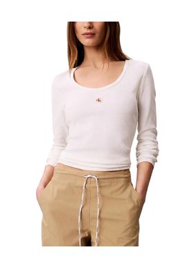 Women's White LS WOVEN LABEL 2X2 RIB SCOOP NECK TEE Calvin Klein LV047D218G-YAF
