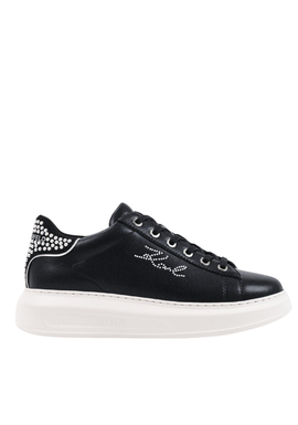 Women's Black Leather KAPRI Pearl Tab Rhinestone Karl Lagerfeld KL62518P-00S-Black Lthr w/Silver