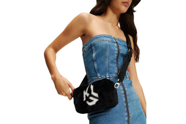 Women's Black Fur Logo Camera Bag Karl Lagerfeld Jeans 246J3083-J101 BLACK