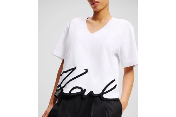 Women's White KARL SIGNATURE HEM V-NK TSHIRT Karl Lagerfeld A2W17104-100 White