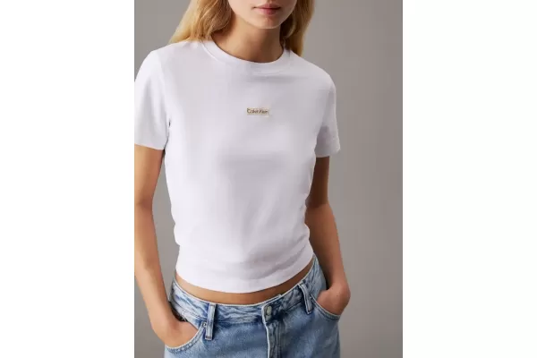 Women's White Placed Institutional Baby Tee Calvin Klein J20J225524-YAA