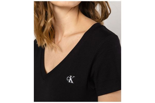 Women's Black CK Embroidery Stretch V-Neck T-shirt Calvin Klein J20J213716-BAE
