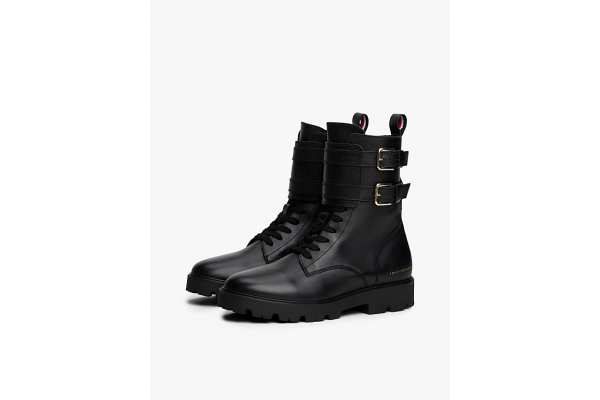 Women's Black Leather Biker Lace Up Boots Tommy Hilfiger FW0FW08986-BDS
