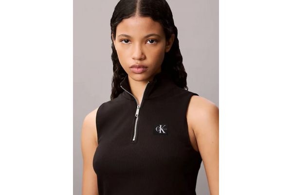 Women's Black A- Woven Label Rib Vneck Tee Calvin Klein LV047C909G-UB1