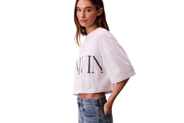 Women's White Ss Calvin Klein Cropped Graphic T-shirt LV047D206G-YAA