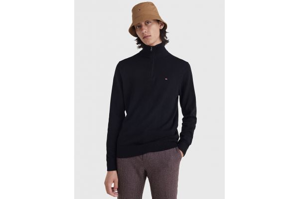 Men's Black Pima Org Ctn Cashmere Zip Mock Tommy Hilfiger MW0MW28049-BDS