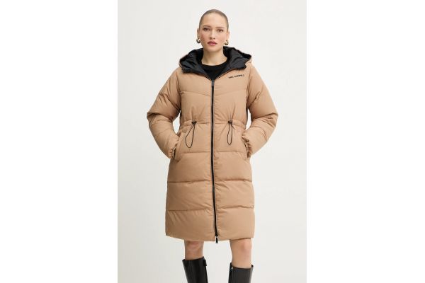 Women's Black/Nougat Reversible Long Logo Down Coat Karl Lagerfeld A4W15045-2DX BLACK NOUGAT