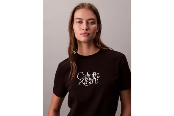 Women's Black Ss Fitted Script Calvin Klein Tee Calvin Klein LV047D210G-UB1