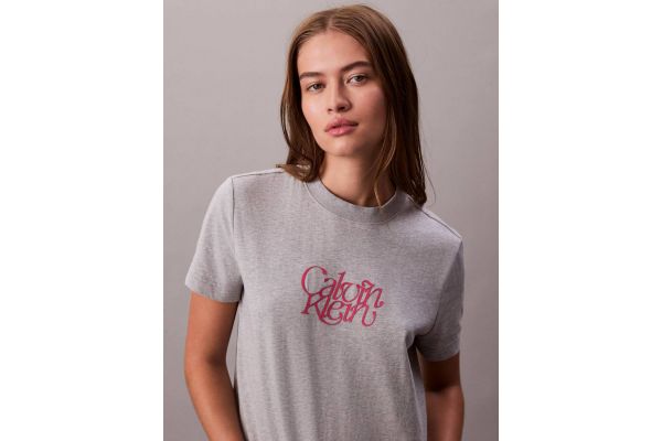 Women's Grey Ss Fitted Script Calvin Klein Tee Calvin Klein LV047D210G-P77