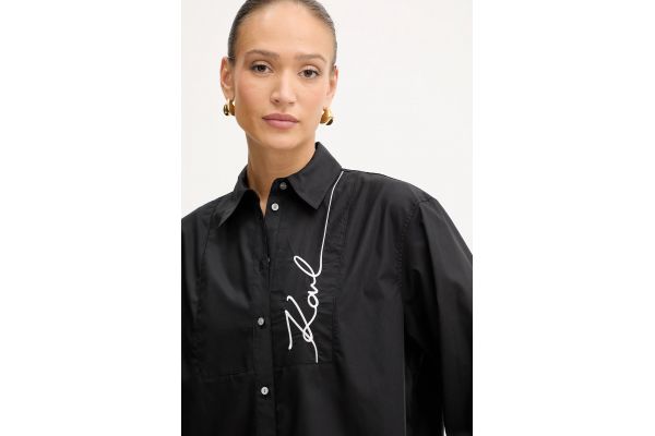 Women's Black Signature Bib Poplin Shirt Karl Lagerfeld A4W11014-999 BLACK