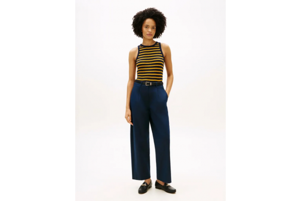 Women's Navy Blue Cotton Barrel Pleated Chino Pants Tommy Hilfiger WW0WW48993-C1G