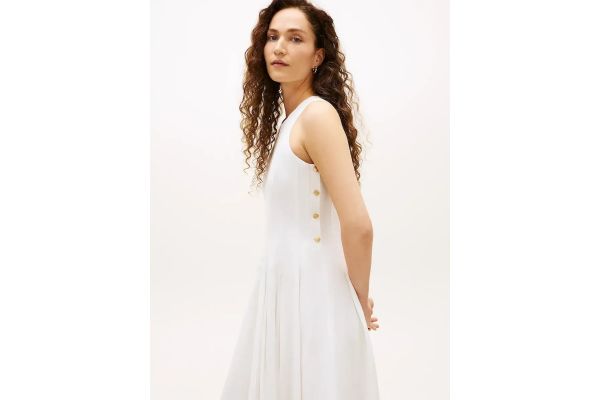 Women's White Linen Blend Hourglass Midi Drs Tommy Hilfiger WW0WW49055-YCF