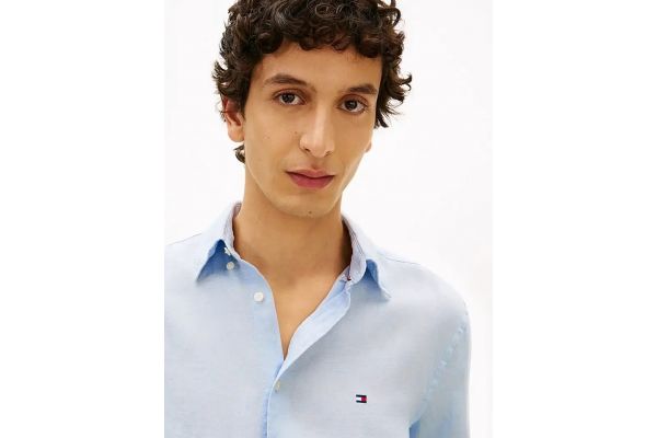 Men's Linen Light Blue Pigment Dyed Li Solid Rf Shirt Tommy Hilfiger MW0MW41530-C1O