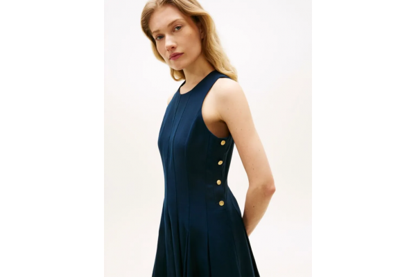 Women's Navy Blue Linen Blend Hourglass Midi Drs Tommy Hilfiger WW0WW49055-C1G