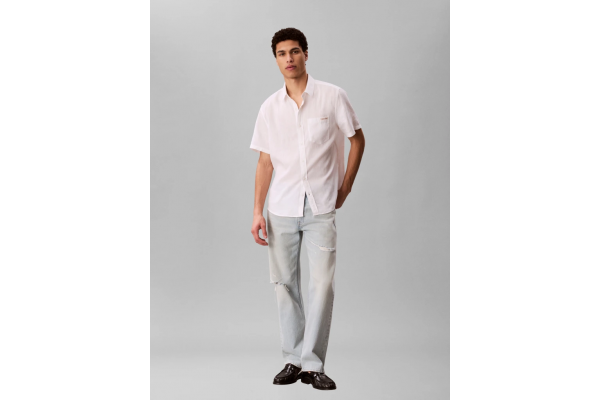 Men's White Ss Solid Casual Linen Classic Shirt Calvin Klein LV04RF120G-YAA