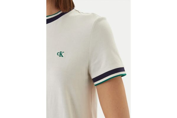 Women's White Ss Ctn Monogram Stripe Trim Tee Calvin Klein LV047F226G-YAS