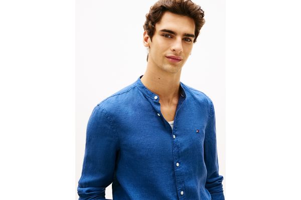 Men's Blue Linen Pigment Dye Mao Collar Shirt Tommy Hilfiger MW0MW39271-C3I