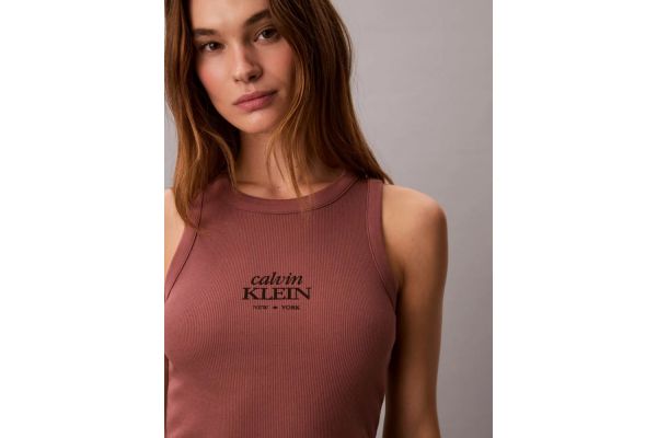 Women's Sierra Brown Sl 2x2 Baby Rib Logo Crew Tank Top Calvin Klein LV047F239G-41J