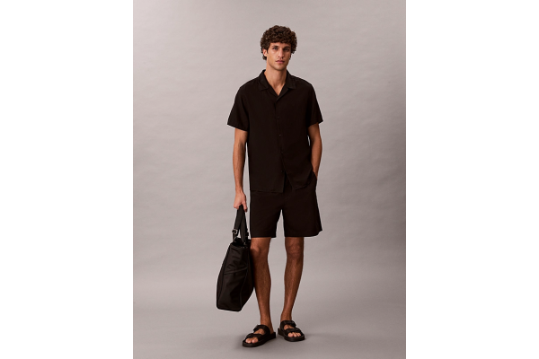 Men's Black Ss Camp Collar Solid Linen Class Shirt Calvin Klein LV04LF137G-UB1